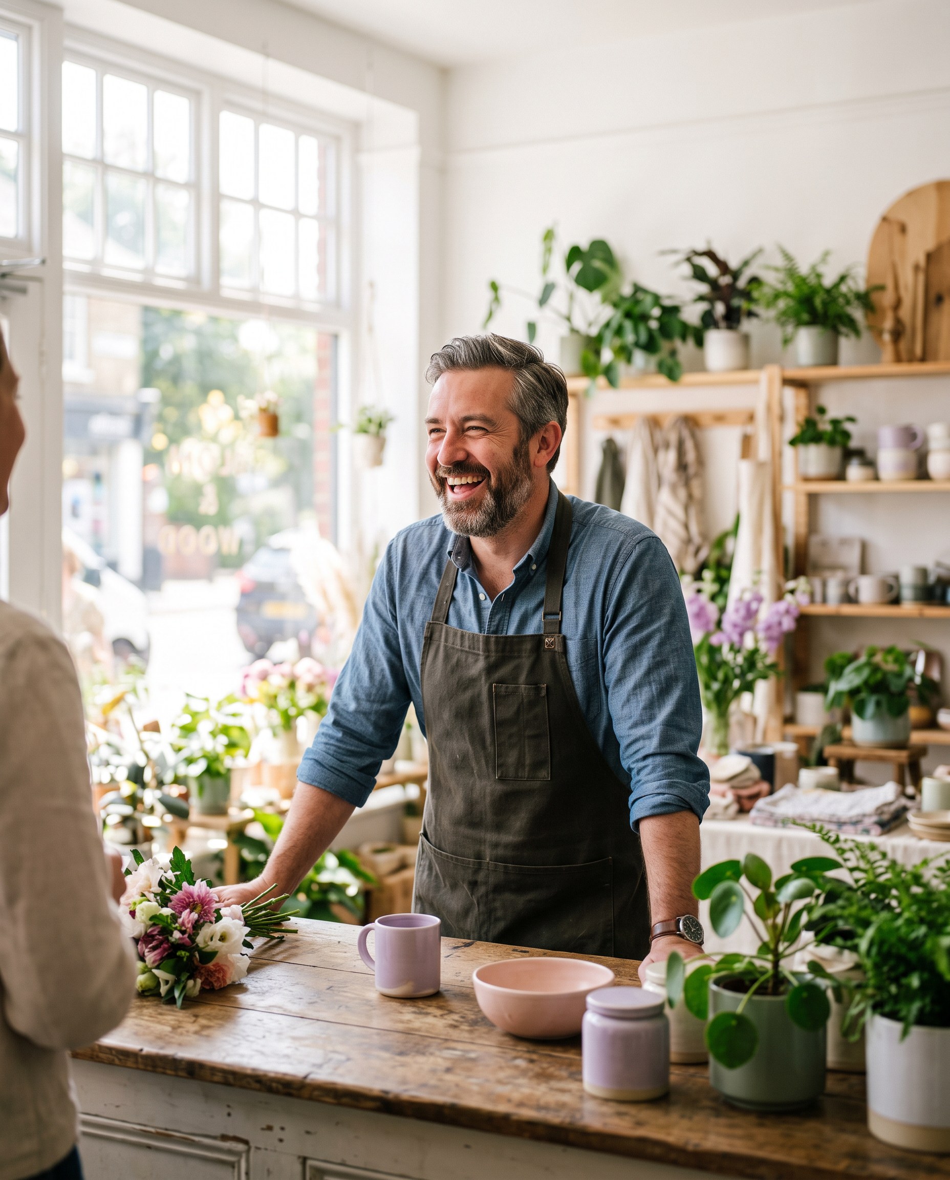 Smiling independent shop owner in a bright, plant-filled store
